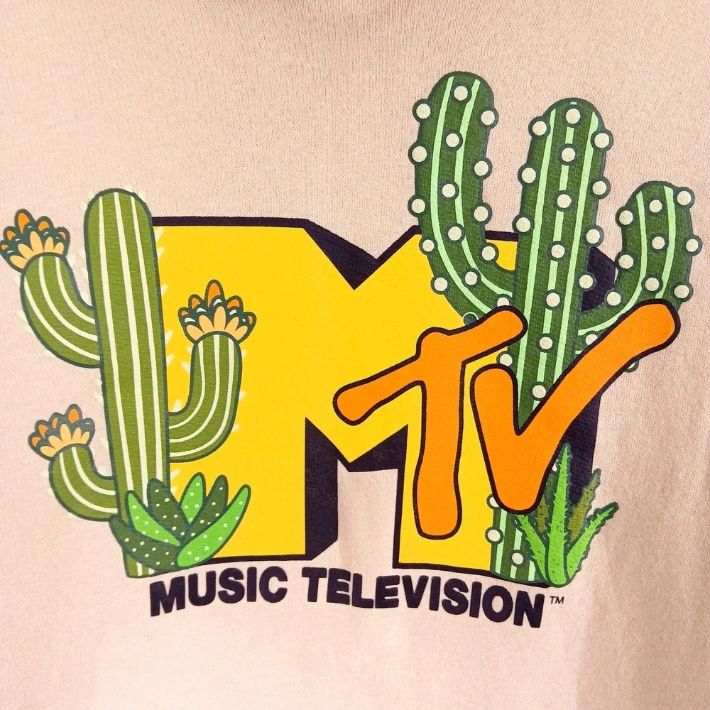 MTV Hoodie Mens Medium Beige Cactus Music Television Graphic Pullover Sweatshirt